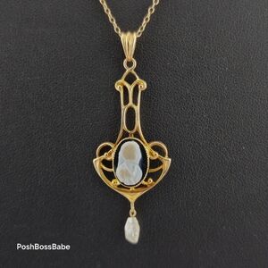 Vintage 1930s Esemco 10K Gold Cameo Filigree Pendant Necklace w/ Pearl Drop - 19